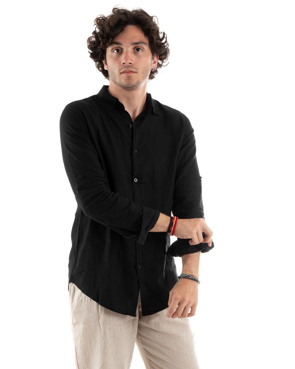 Camicia Uomo Lino Con Colletto Collo Francese Slim Fit Basic Morbida Lavata Tinta Unita Nero GIOSAL-C2755A