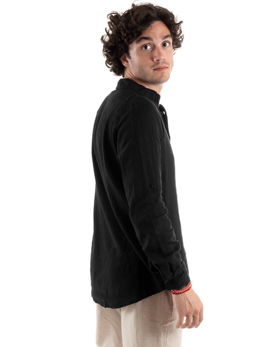 Camicia Uomo Lino Con Colletto Collo Francese Slim Fit Basic Morbida Lavata Tinta Unita Nero GIOSAL-C2755A