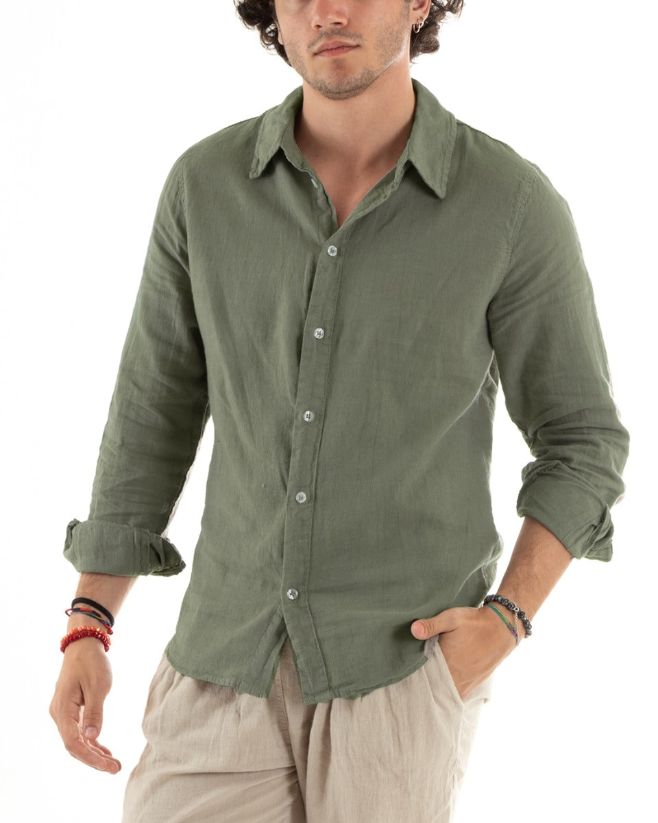 Camicia Uomo Con Colletto Slim Fit Lino Tinta Unita Maniche Lunghe Verde GIOSAL-C2757A