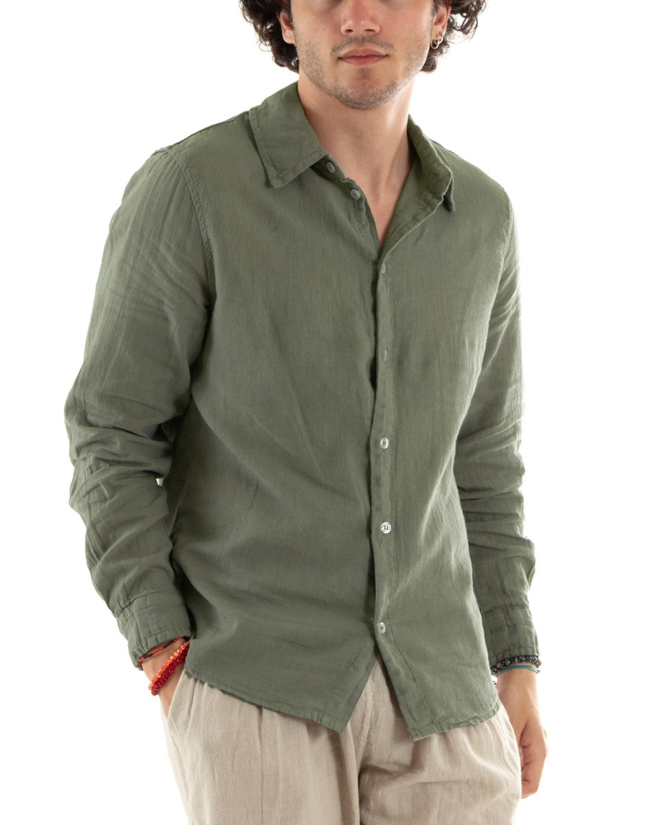 Camicia Uomo Con Colletto Slim Fit Lino Tinta Unita Maniche Lunghe Verde GIOSAL-C2757A