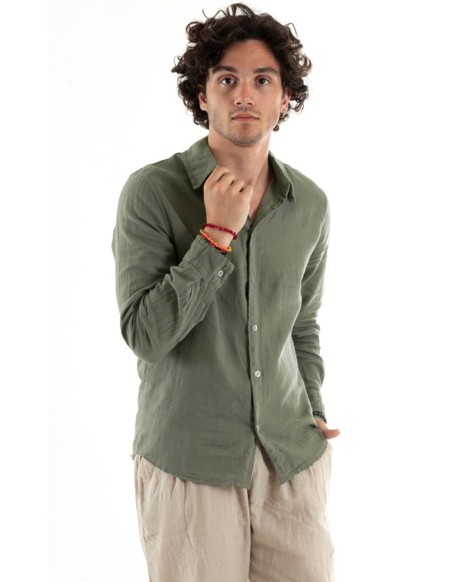 Men's Shirt With Collar Slim Fit Linen Solid Color Long Sleeve Green GIOSAL-C2897A
