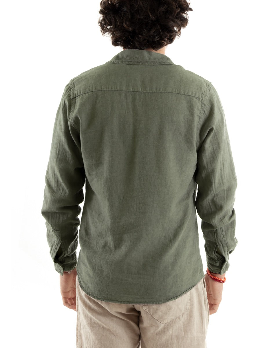 Men's Shirt With Collar Slim Fit Linen Solid Color Long Sleeve Green GIOSAL-C2897A