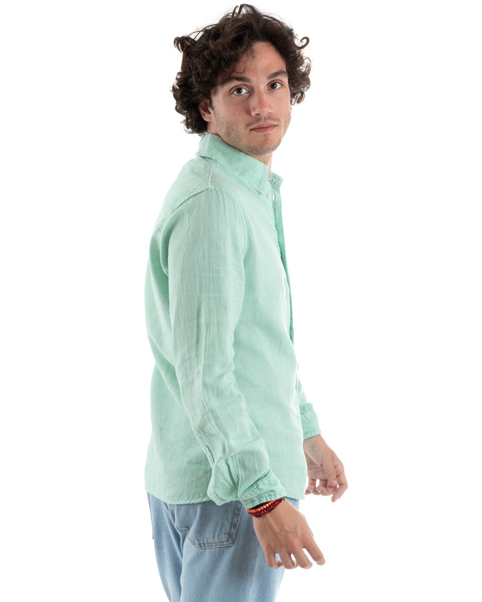Camicia Uomo Con Colletto Slim Fit Lino Tinta Unita Maniche Lunghe Verde Acqua GIOSAL-C2758A