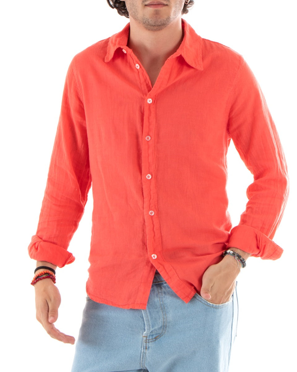 Camicia Uomo Lino Con Colletto Collo Francese Slim Fit Basic Morbida Lavata Tinta Unita Corallo GIOSAL-C2759A