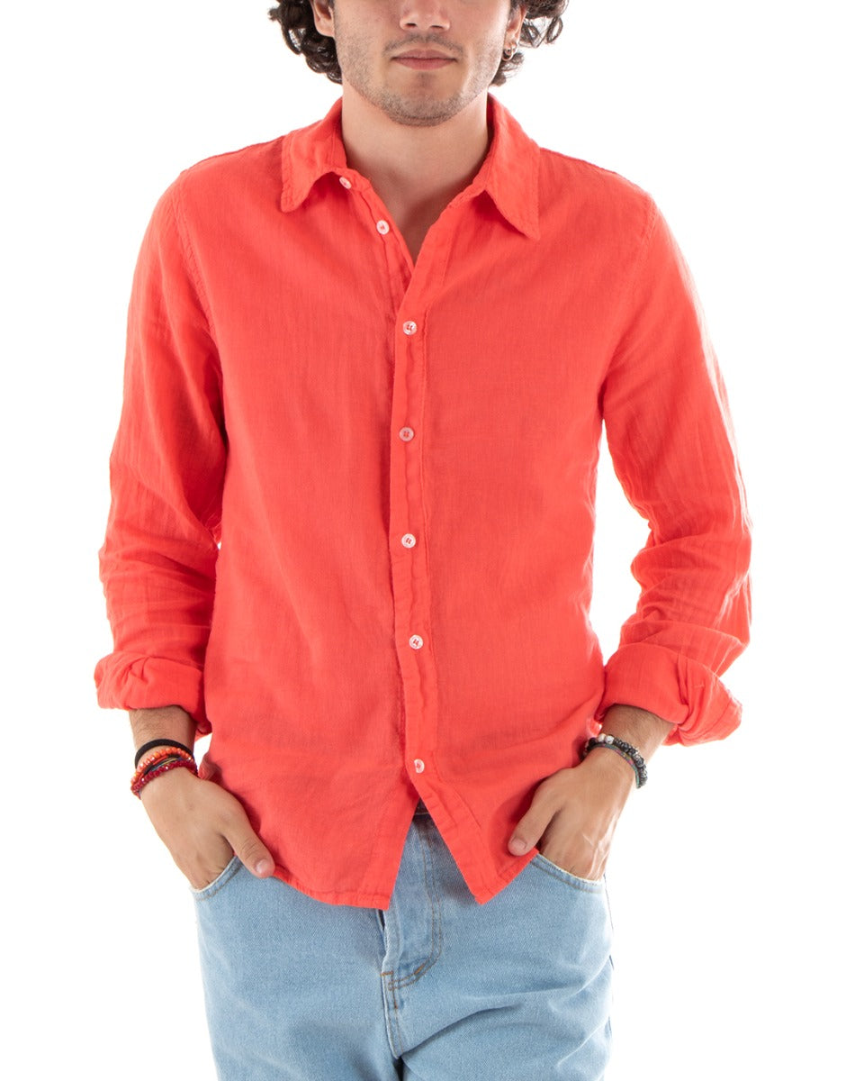 Camicia Uomo Lino Con Colletto Collo Francese Slim Fit Basic Morbida Lavata Tinta Unita Corallo GIOSAL-C2759A