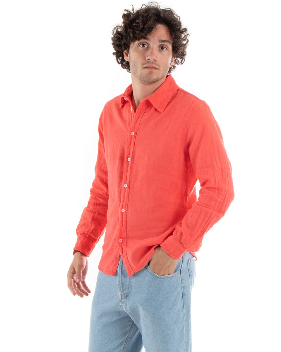 Camicia Uomo Lino Con Colletto Collo Francese Slim Fit Basic Morbida Lavata Tinta Unita Corallo GIOSAL-C2759A