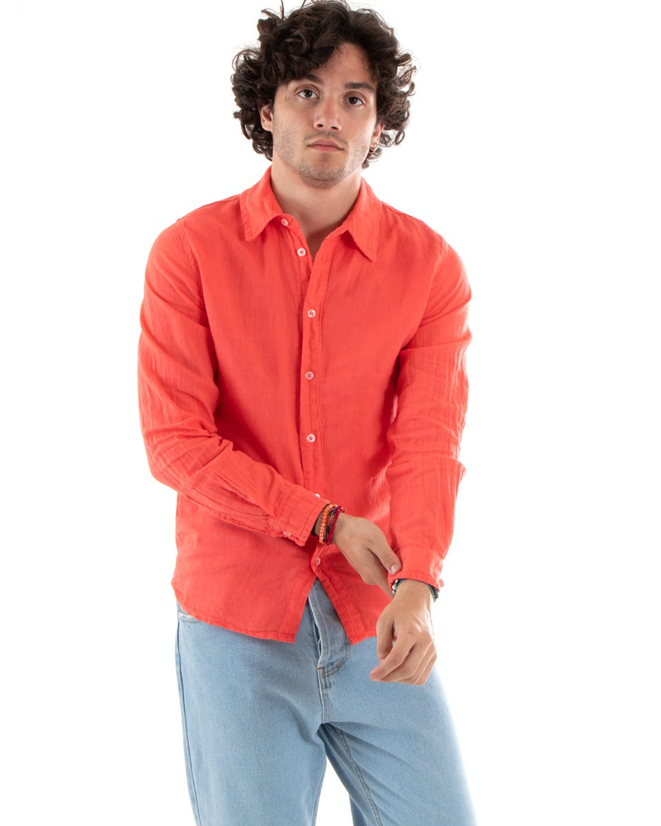 Camicia Uomo Lino Con Colletto Collo Francese Slim Fit Basic Morbida Lavata Tinta Unita Corallo GIOSAL-C2759A