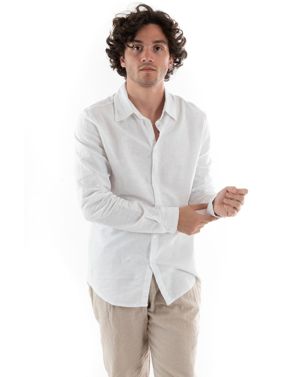 Camicia Uomo Con Colletto Slim Fit Lino Tinta Unita Maniche Lunghe Bianco GIOSAL-C2761A