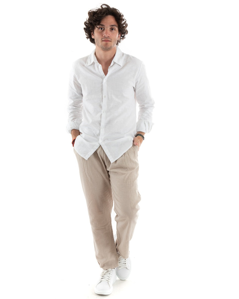 Camicia Uomo Con Colletto Slim Fit Lino Tinta Unita Maniche Lunghe Bianco GIOSAL-C2761A