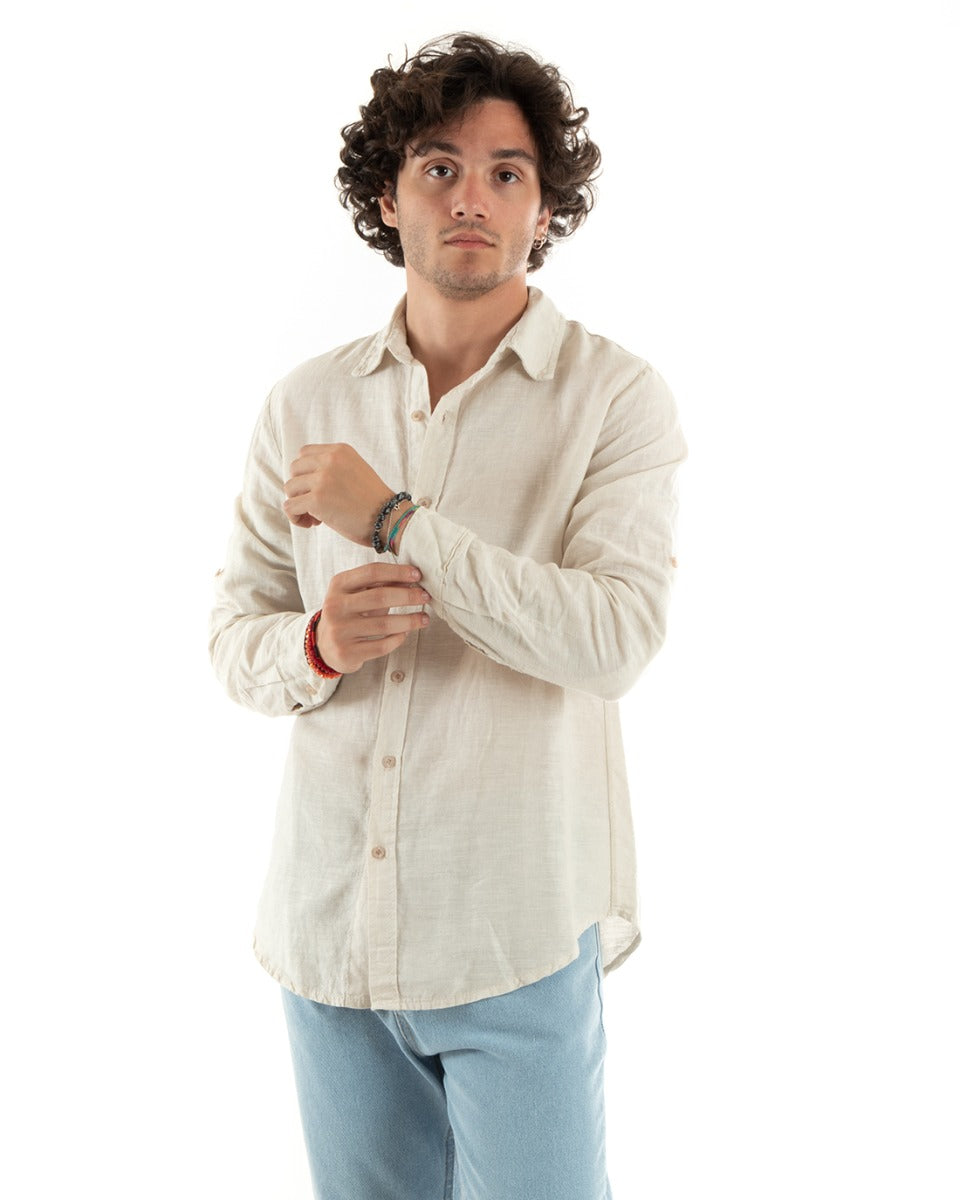Camicia Uomo Con Colletto Slim Fit Lino Tinta Unita Maniche Lunghe Beige GIOSAL-C2762A