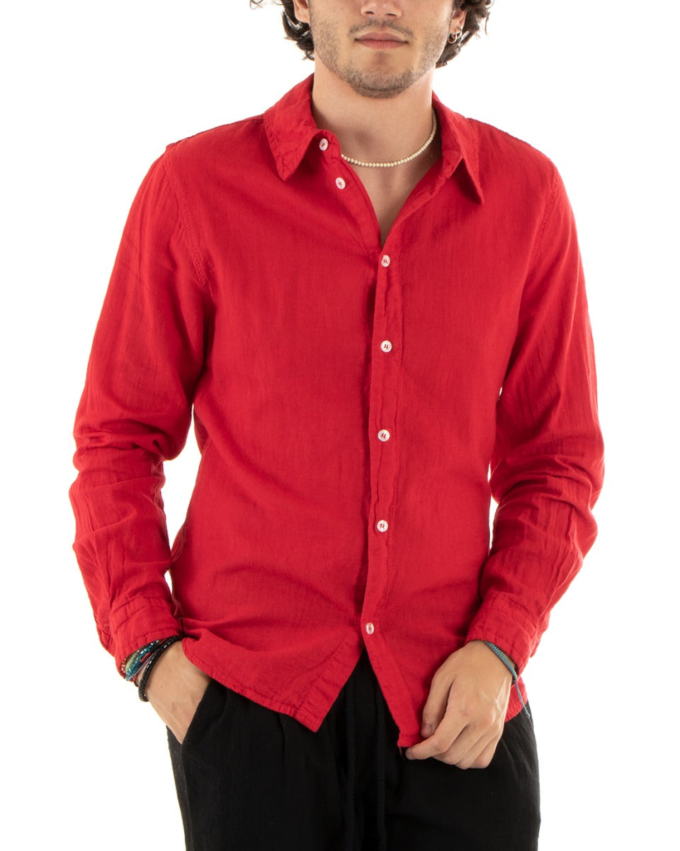 Men's Shirt With Collar Slim Fit Linen Solid Color Long Sleeve Red GIOSAL-C2895A