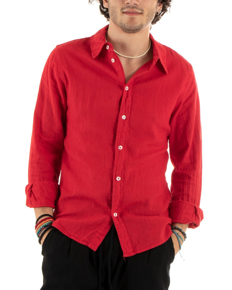 Camicia Uomo Con Colletto Slim Fit Lino Tinta Unita Maniche Lunghe Rosso GIOSAL-C2763A