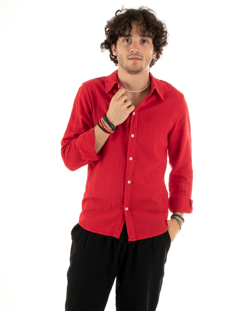 Men's Shirt With Collar Slim Fit Linen Solid Color Long Sleeve Red GIOSAL-C2895A