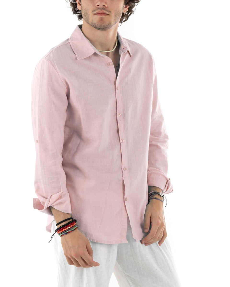 Men's Shirt with Collar Slim Fit Linen Solid Color Long Sleeves Pink GIOSAL-C2892A