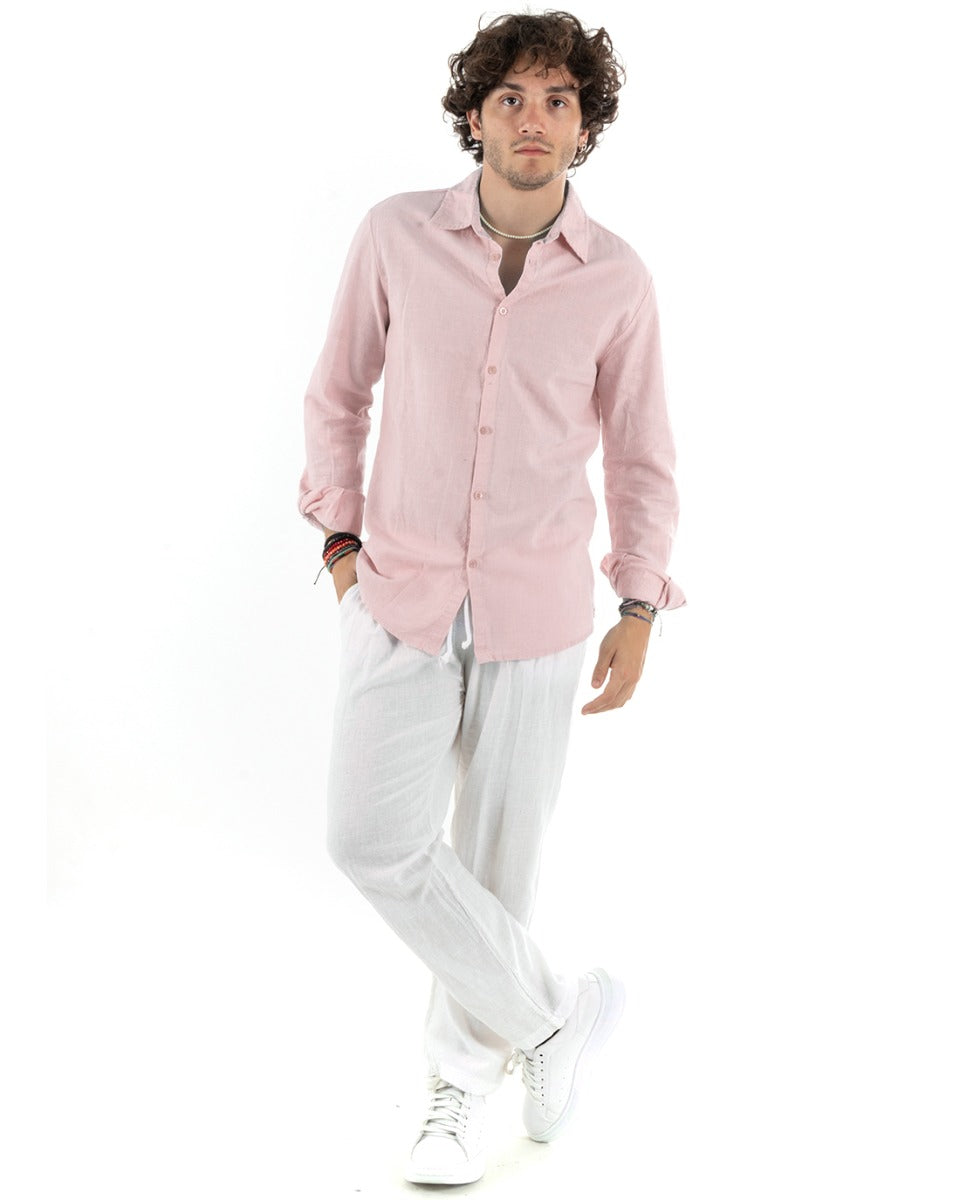 Camicia Uomo Con Colletto Slim Fit Lino Tinta Unita Maniche Lunghe Rosa GIOSAL-C2765A