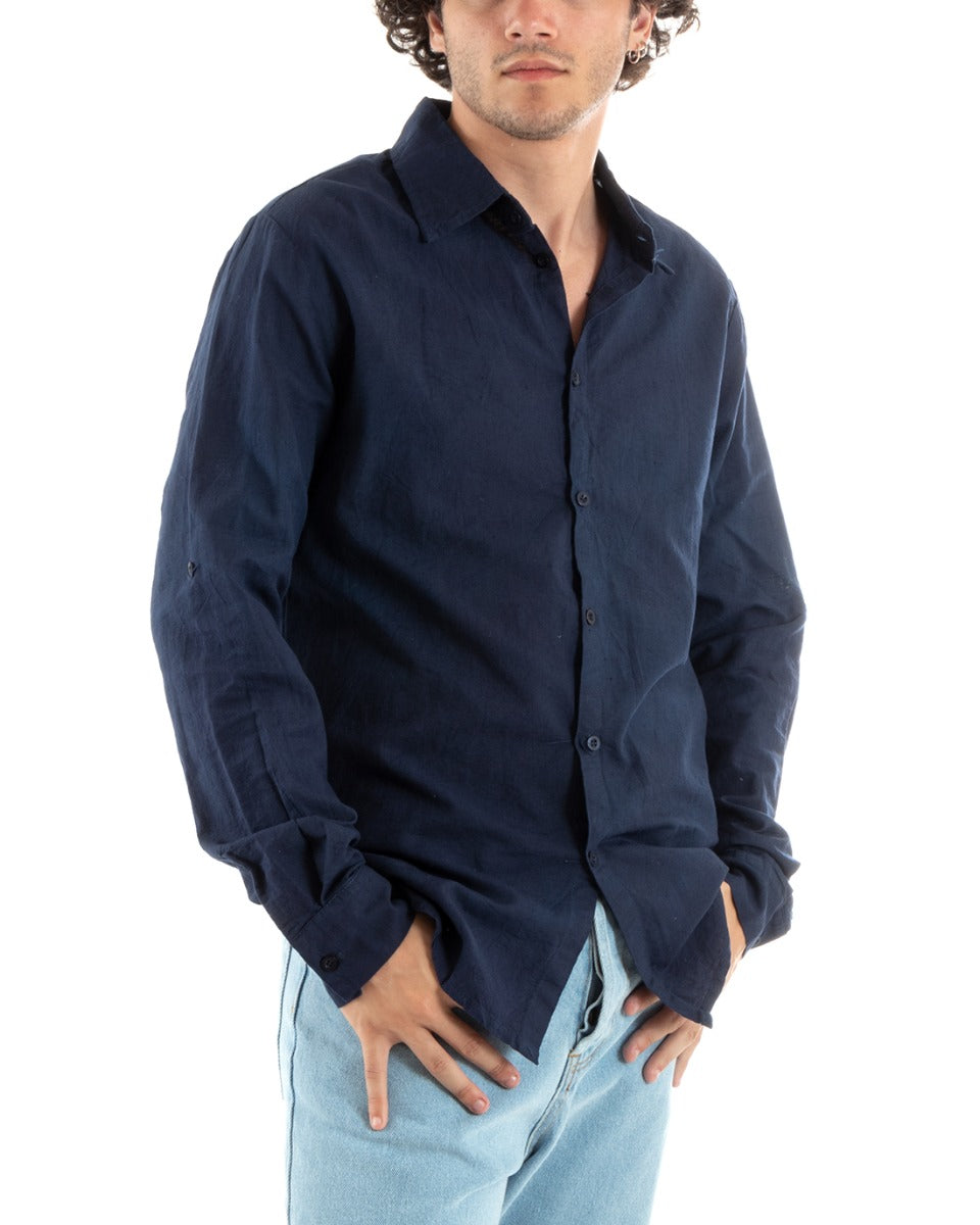 Camicia Uomo Con Colletto Slim Fit Lino Tinta Unita Maniche Lunghe Blu GIOSAL-C2890A