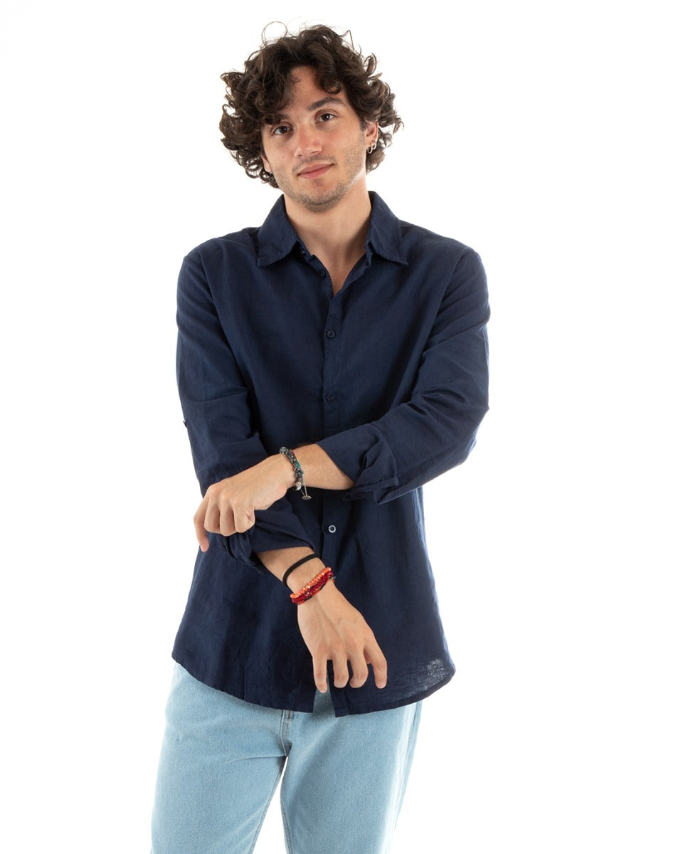 Camicia Uomo Con Colletto Slim Fit Lino Tinta Unita Maniche Lunghe Blu GIOSAL-C2890A