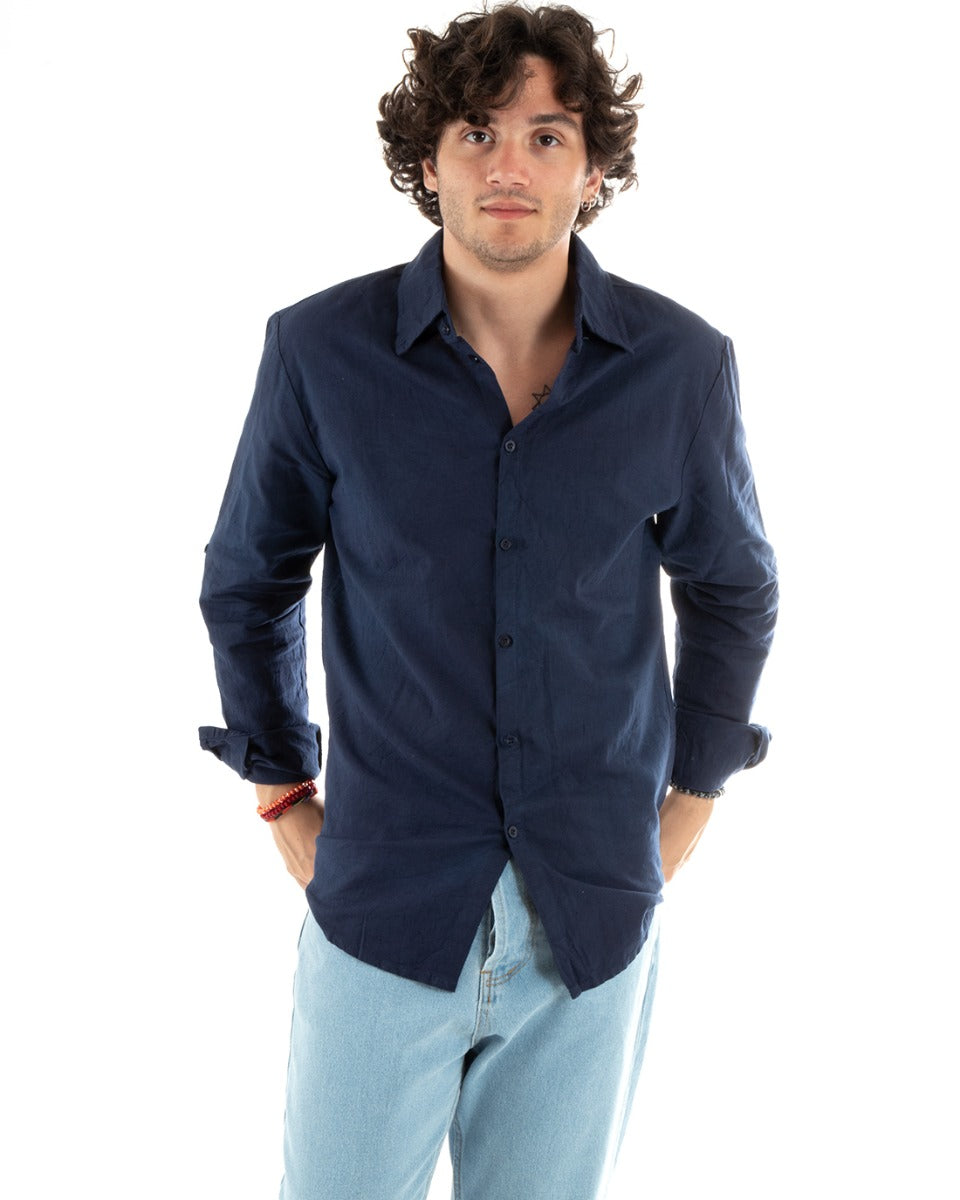 Camicia Uomo Con Colletto Slim Fit Lino Tinta Unita Maniche Lunghe Blu GIOSAL-C2890A