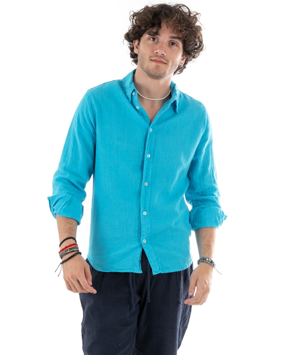 Camicia Uomo Con Colletto Slim Fit Lino Tinta Unita Maniche Lunghe Azzurro GIOSAL-C2768A