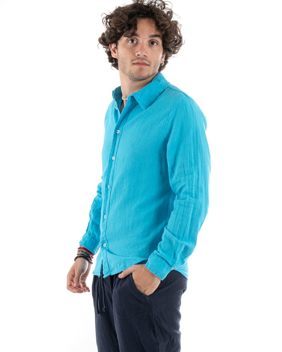 Camicia Uomo Con Colletto Slim Fit Lino Tinta Unita Maniche Lunghe Azzurro GIOSAL-C2768A