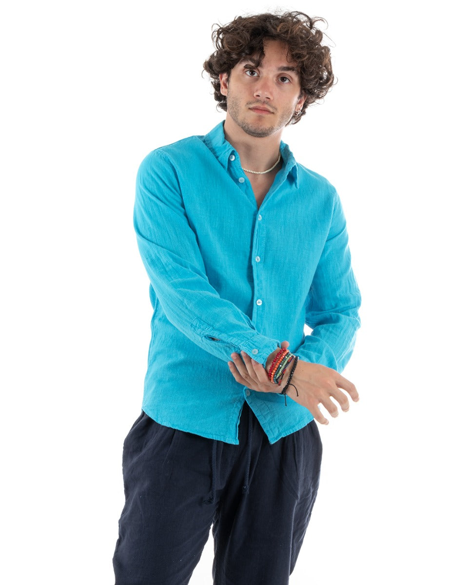 Camicia Uomo Con Colletto Slim Fit Lino Tinta Unita Maniche Lunghe Azzurro GIOSAL-C2768A