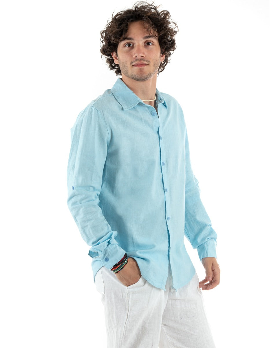 Camicia Uomo Con Colletto Slim Fit Lino Tinta Unita Maniche Lunghe Celeste GIOSAL-C2769A