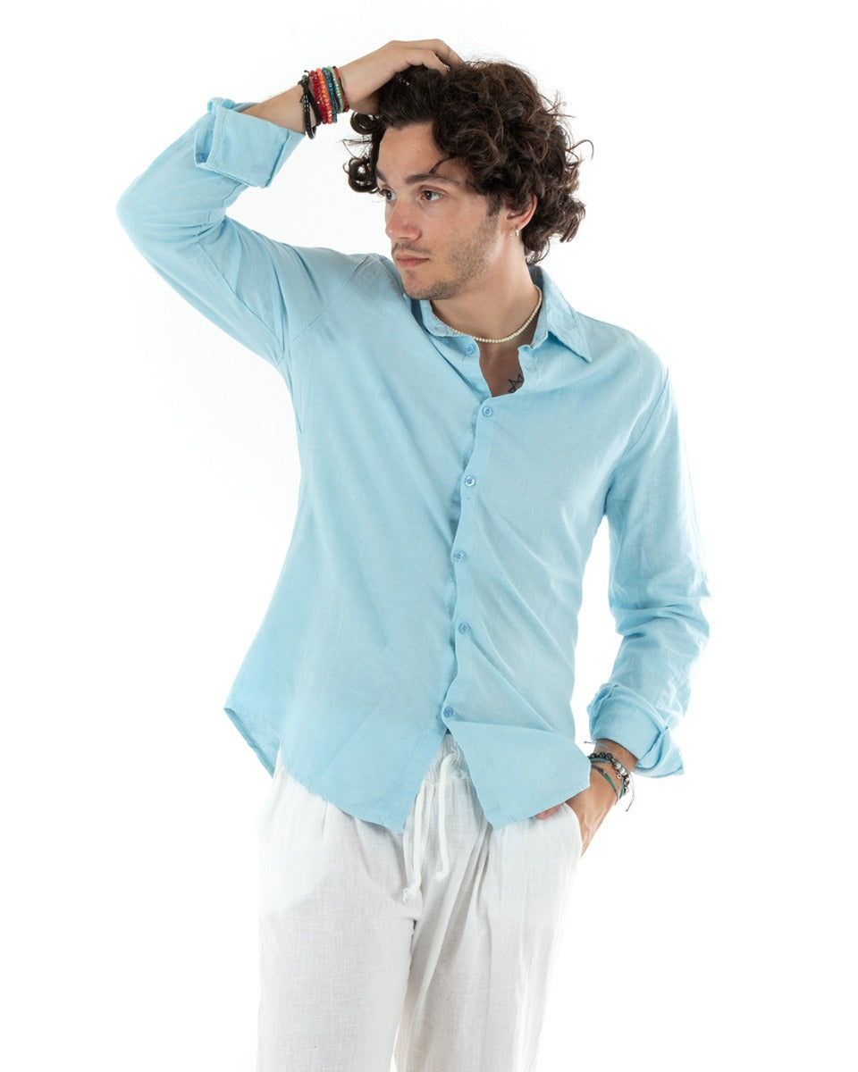 Camicia Uomo Con Colletto Slim Fit Lino Tinta Unita Maniche Lunghe Celeste GIOSAL-C2769A