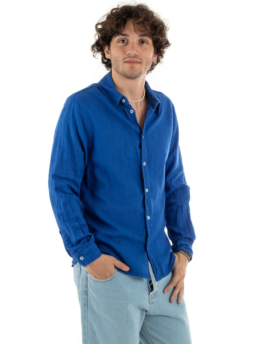 Camicia Uomo Con Colletto Slim Fit Lino Tinta Unita Maniche Lunghe Blu Royal GIOSAL-C2770A