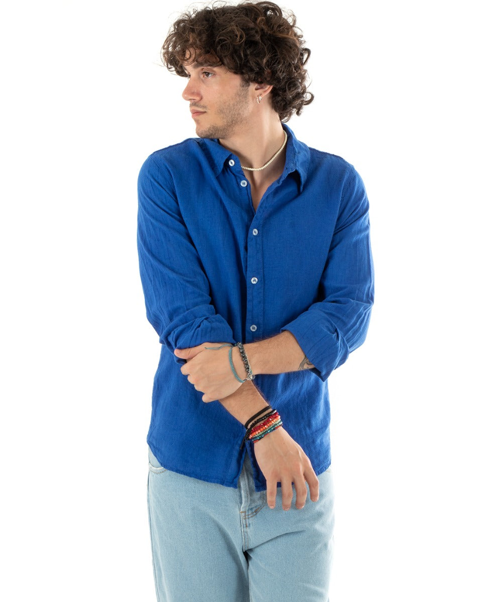 Camicia Uomo Con Colletto Slim Fit Lino Tinta Unita Maniche Lunghe Blu Royal GIOSAL-C2770A