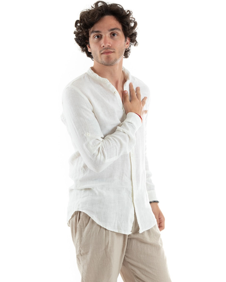 Camicia Uomo Lino Collo Coreano Slim Fit Basic Morbida Lavata Tinta Unita Bianco GIOSAL-C2772A