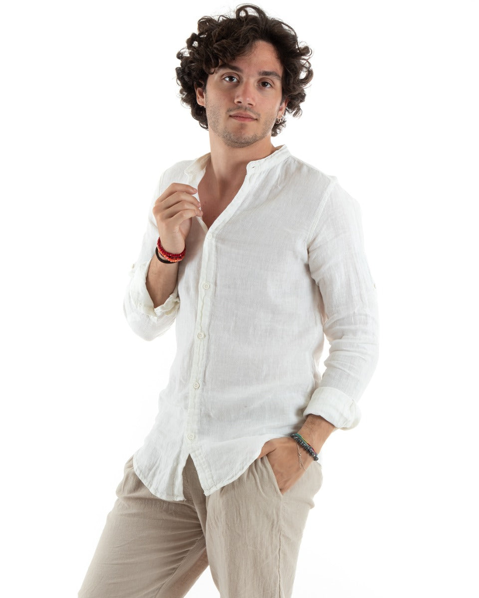 Camicia Uomo Lino Collo Coreano Slim Fit Basic Morbida Lavata Tinta Unita Bianco GIOSAL-C2772A