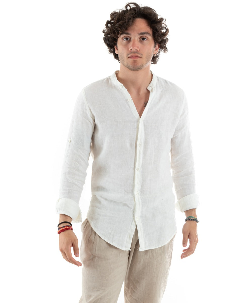Camicia Uomo Lino Collo Coreano Slim Fit Basic Morbida Lavata Tinta Unita Bianco GIOSAL-C2772A