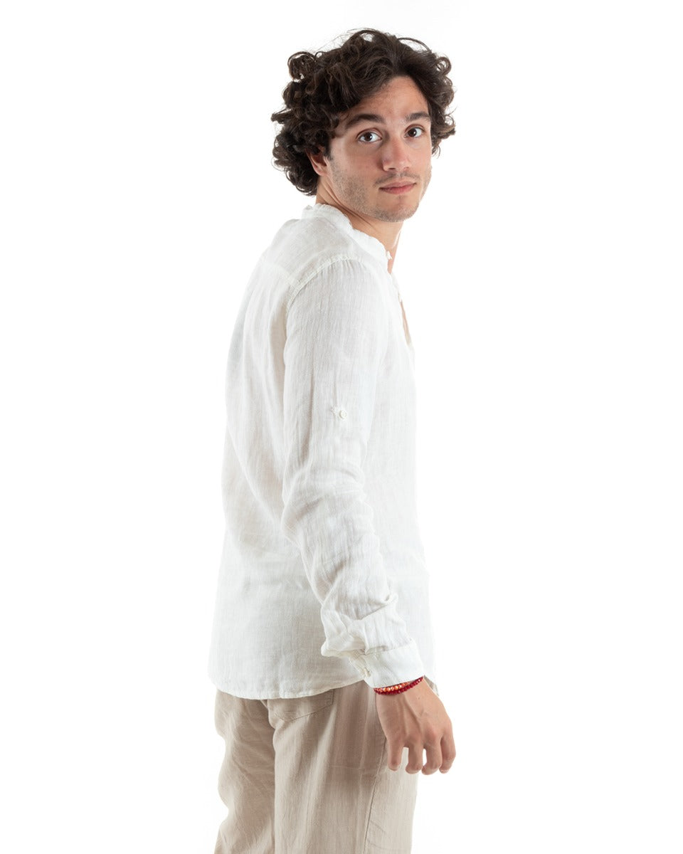 Men's Shirt Korean Collar Slim Fit Linen Solid Color Long Sleeve White GIOSAL-C2885A