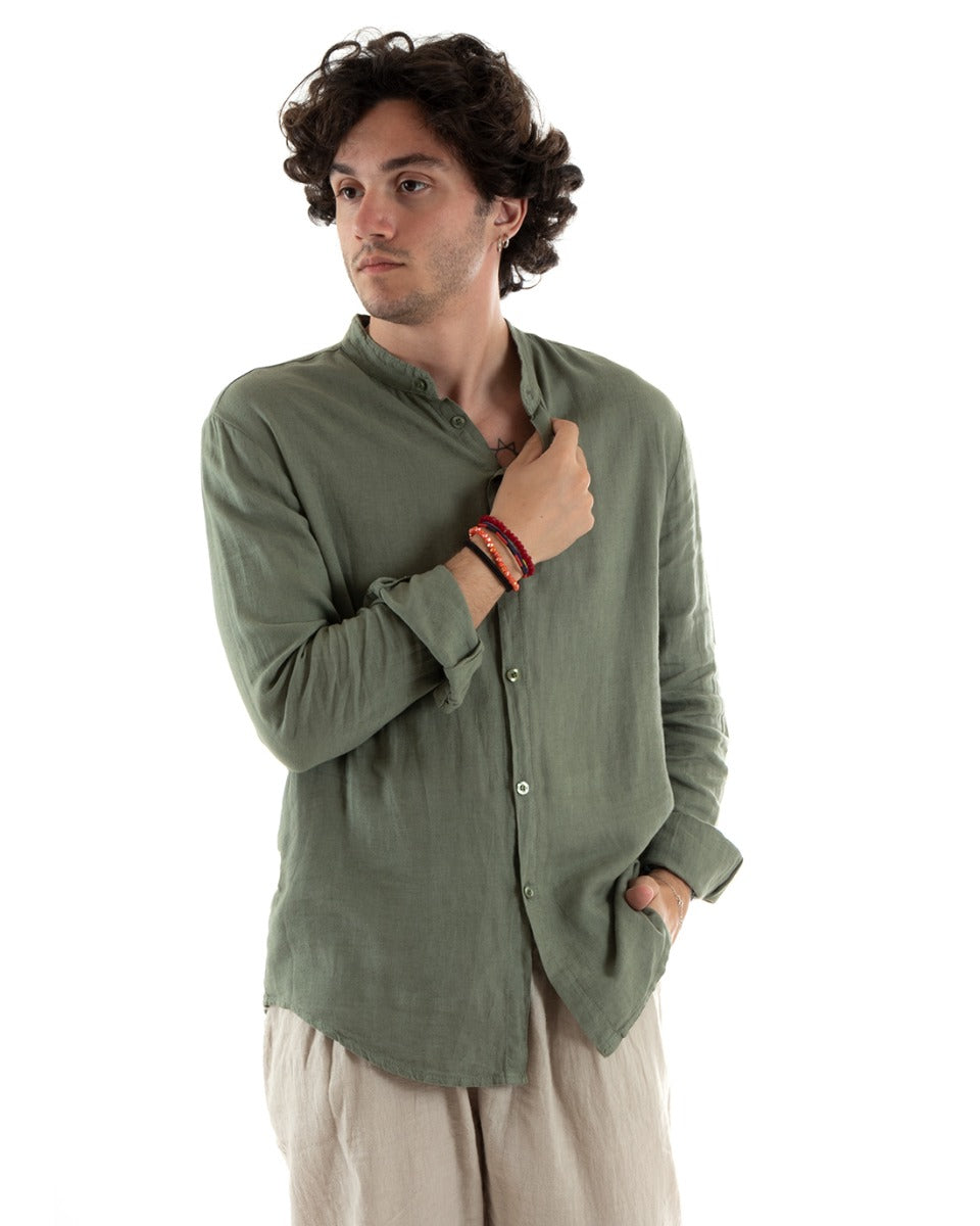 Camicia Uomo Collo Coreano Slim Fit Lino Tinta Unita Maniche Lunghe Verde GIOSAL-C2773A