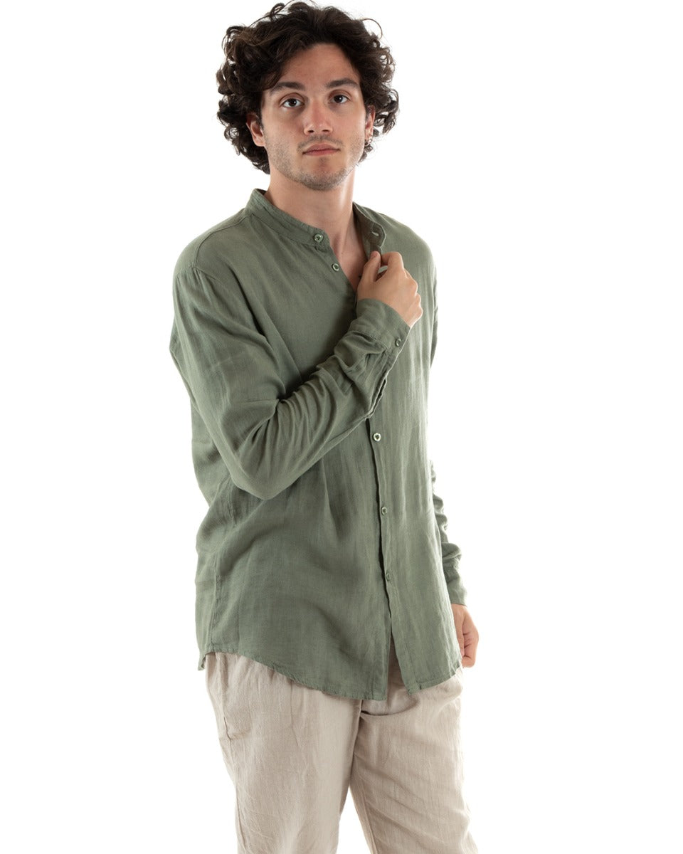 Camicia Uomo Lino Collo Coreano Slim Fit Basic Morbida Lavata Tinta Unita Verde GIOSAL-C2773A