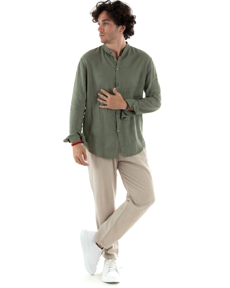 Camicia Uomo Lino Collo Coreano Slim Fit Basic Morbida Lavata Tinta Unita Verde GIOSAL-C2773A