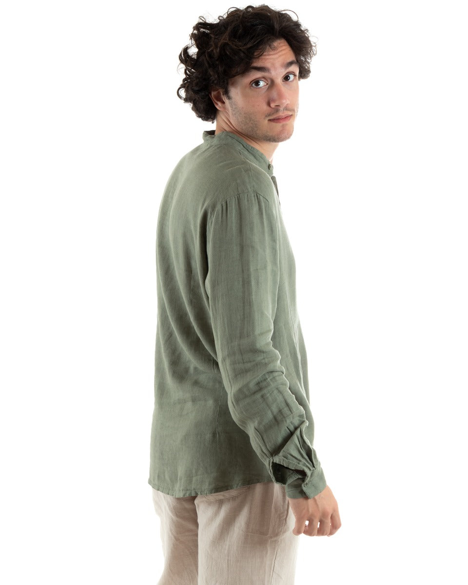 Camicia Uomo Lino Collo Coreano Slim Fit Basic Morbida Lavata Tinta Unita Verde GIOSAL-C2773A