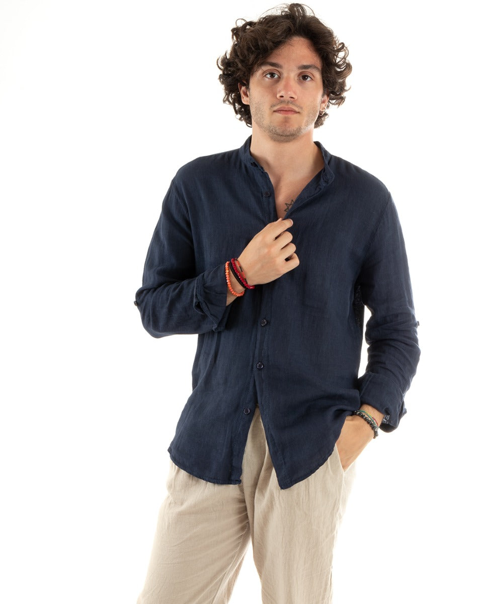 Camicia Uomo Lino Collo Coreano Slim Fit Basic Morbida Lavata Tinta Unita Blu GIOSAL-C2774A