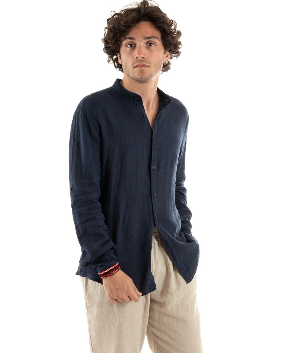 Camicia Uomo Lino Collo Coreano Slim Fit Basic Morbida Lavata Tinta Unita Blu GIOSAL-C2774A