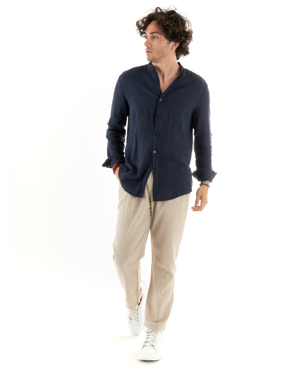 Camicia Uomo Lino Collo Coreano Slim Fit Basic Morbida Lavata Tinta Unita Blu GIOSAL-C2774A