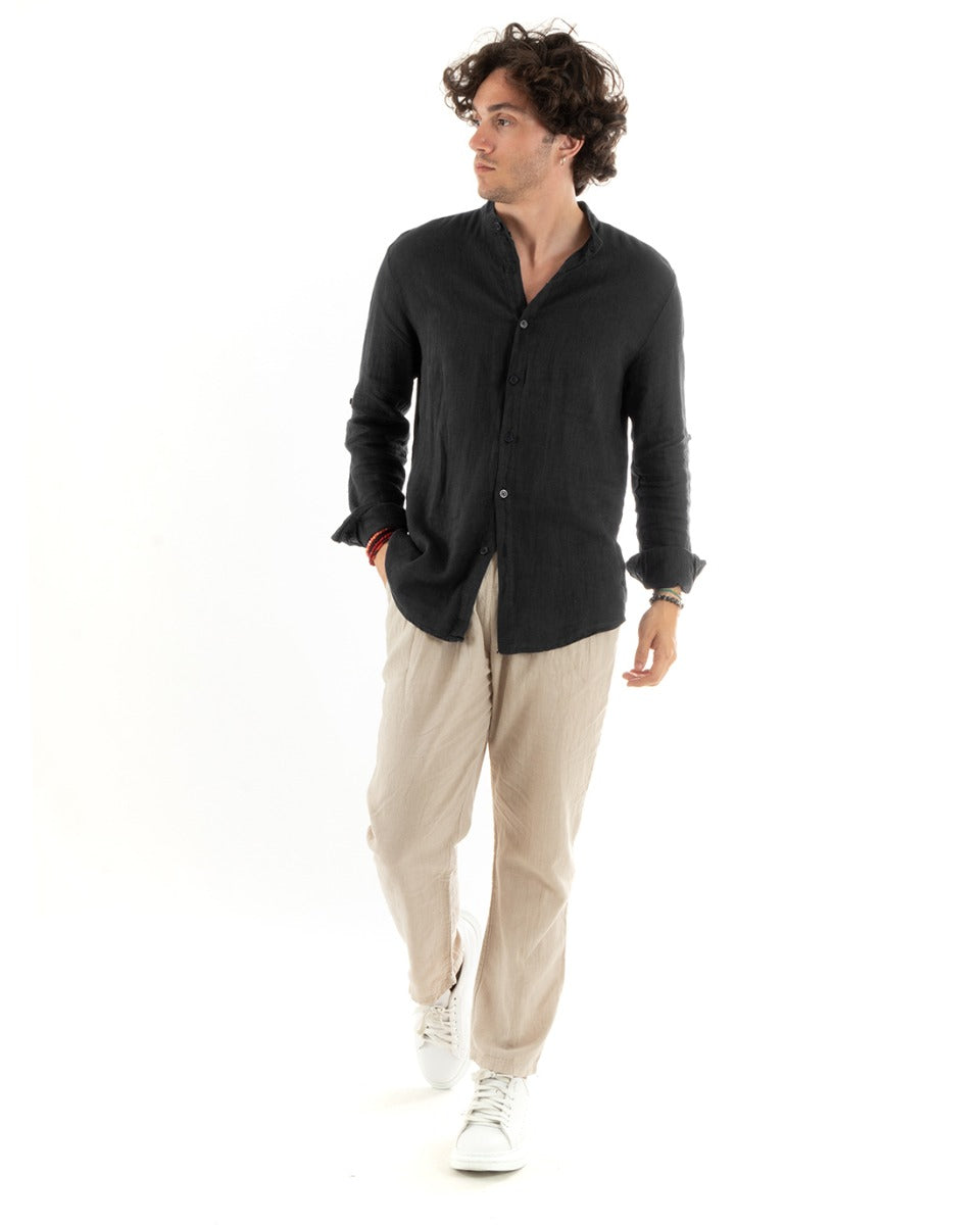 Camicia Uomo Lino Collo Coreano Slim Fit Basic Morbida Lavata Tinta Unita Nero GIOSAL-C2775A