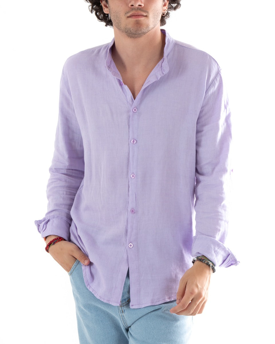 Camicia Uomo Lino Collo Coreano Slim Fit Basic Morbida Lavata Tinta Unita Lilla GIOSAL-C2776A