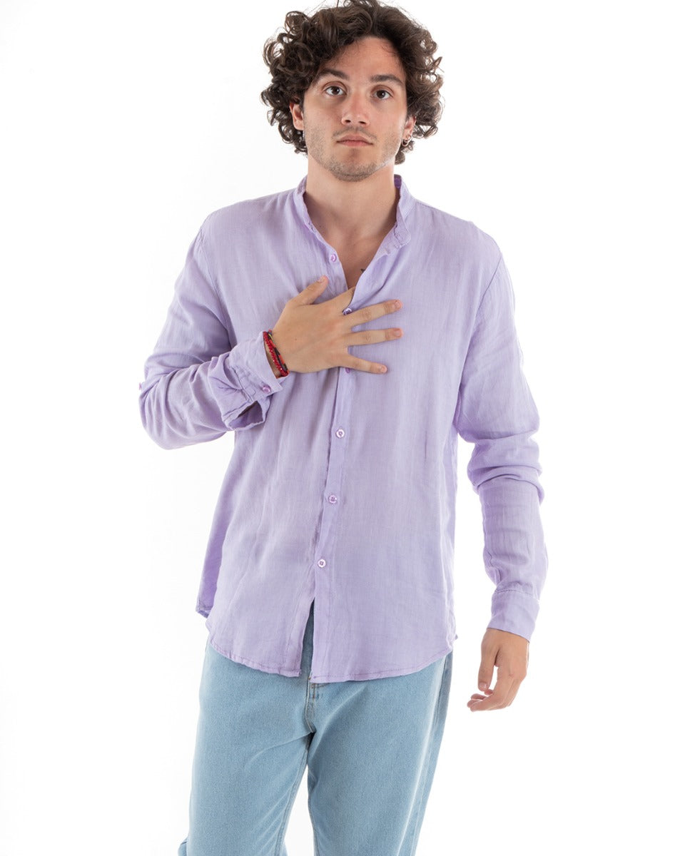 Camicia Uomo Lino Collo Coreano Slim Fit Basic Morbida Lavata Tinta Unita Lilla GIOSAL-C2776A