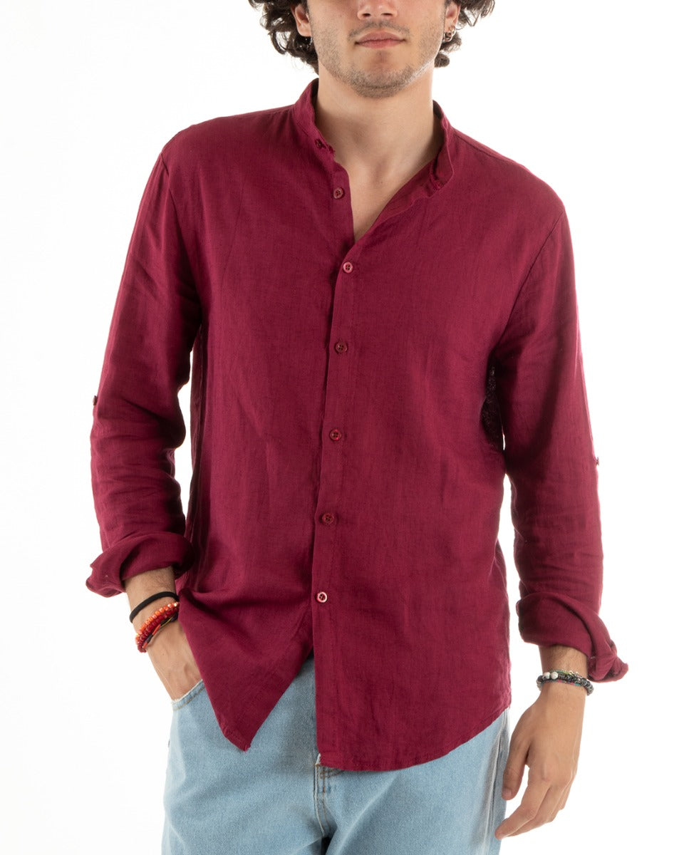 Camicia Uomo Lino Collo Coreano Slim Fit Basic Morbida Lavata Tinta Unita Bordeaux GIOSAL-C2777A