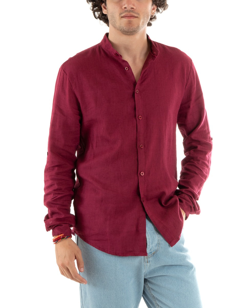 Camicia Uomo Lino Collo Coreano Slim Fit Basic Morbida Lavata Tinta Unita Bordeaux GIOSAL-C2777A
