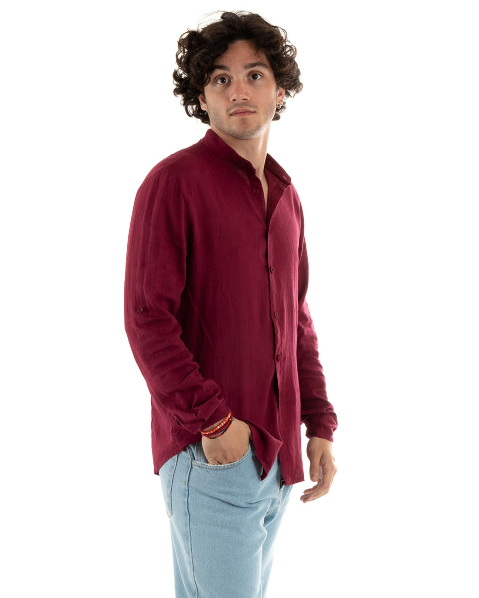 Camicia Uomo Collo Coreano Slim Fit Lino Tinta Unita Maniche Lunghe Bordeaux GIOSAL-C2777A