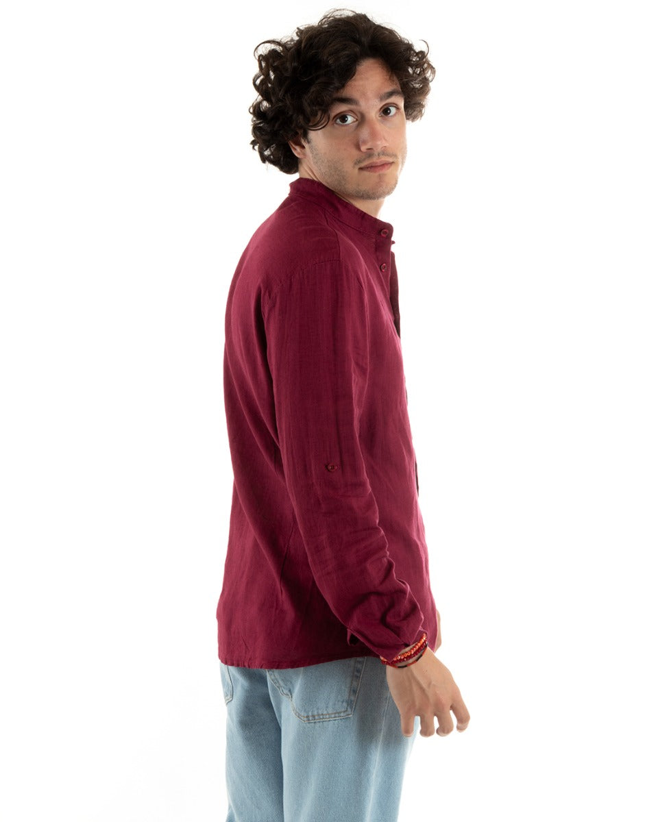 Camicia Uomo Lino Collo Coreano Slim Fit Basic Morbida Lavata Tinta Unita Bordeaux GIOSAL-C2777A