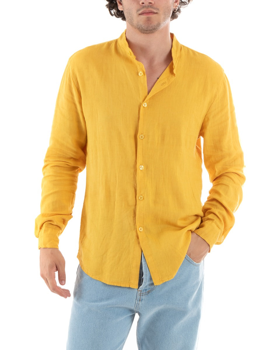 Camicia Uomo Lino Collo Coreano Slim Fit Basic Morbida Lavata Tinta Unita Senape GIOSAL-C2778A