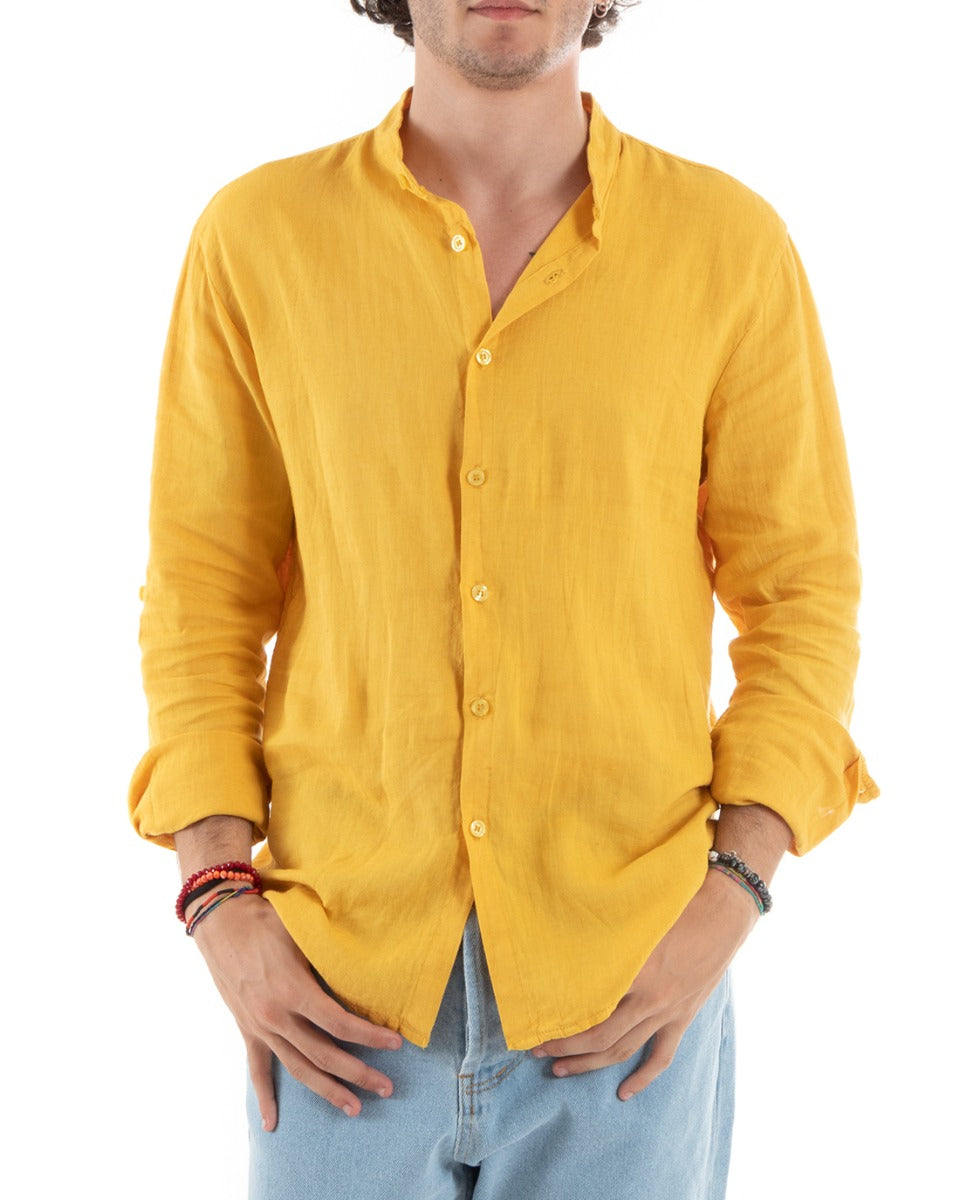 Camicia Uomo Lino Collo Coreano Slim Fit Basic Morbida Lavata Tinta Unita Senape GIOSAL-C2778A