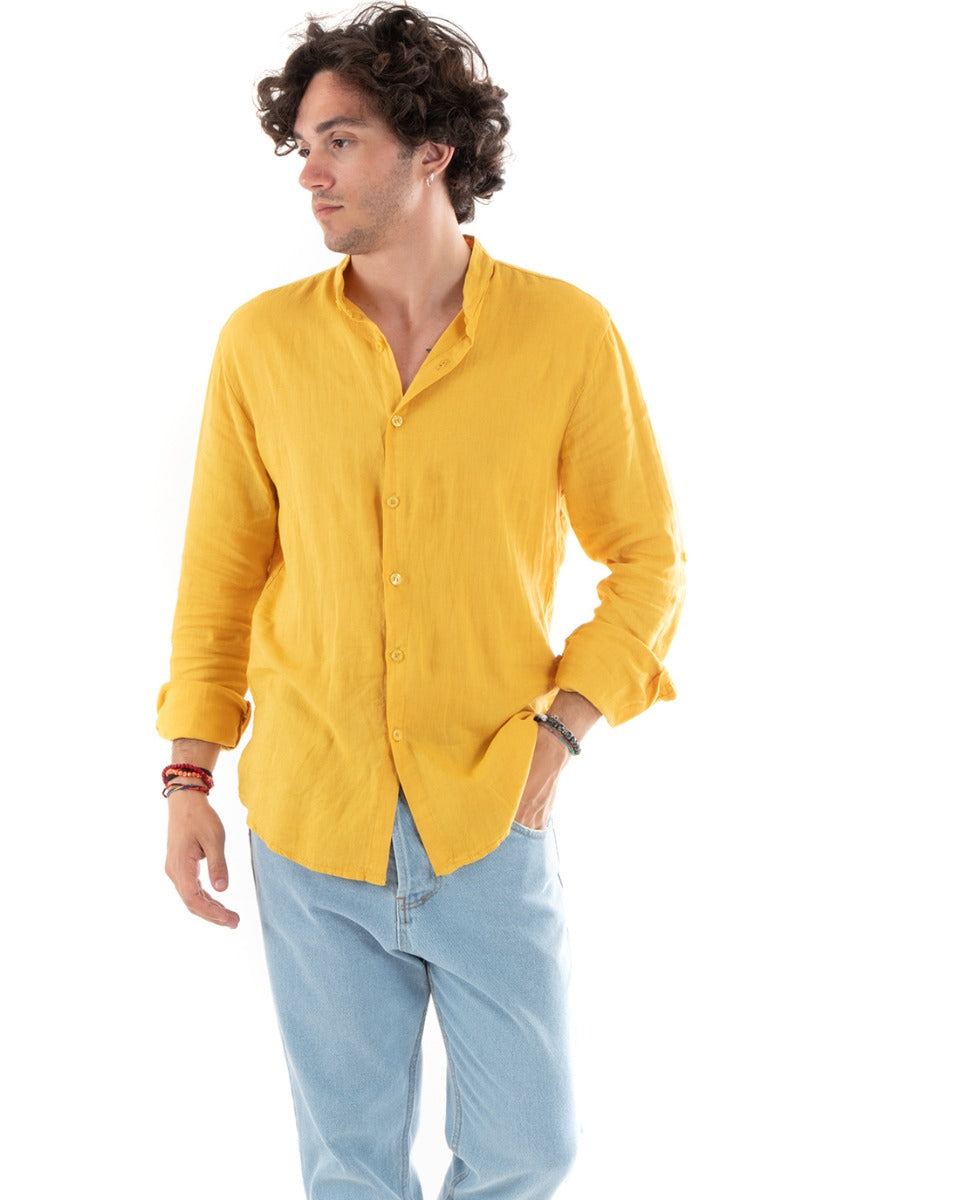Camicia Uomo Lino Collo Coreano Slim Fit Basic Morbida Lavata Tinta Unita Senape GIOSAL-C2778A
